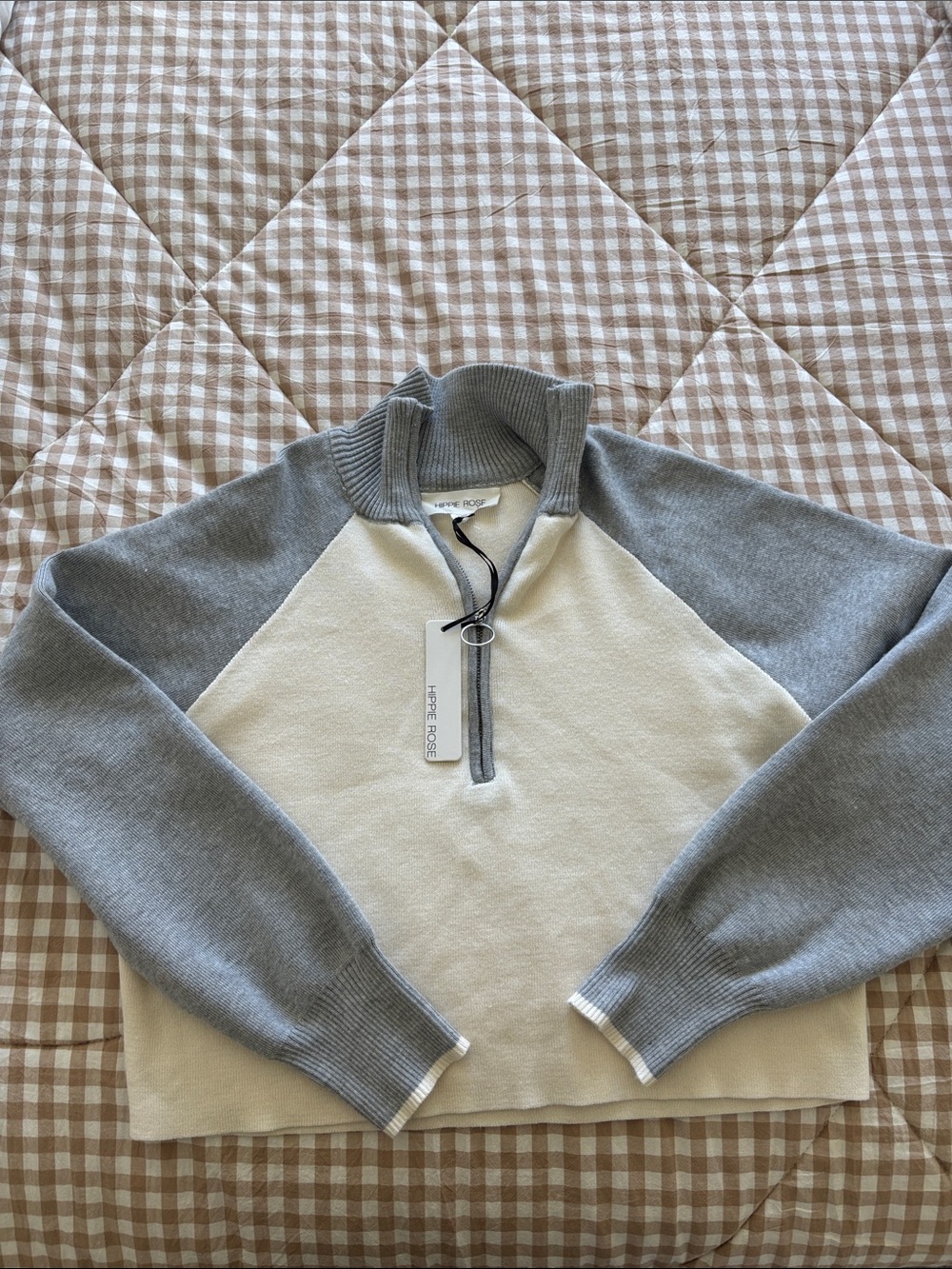 Hippie Rose Cream and Gray Half-Zip Raglan Sweater
